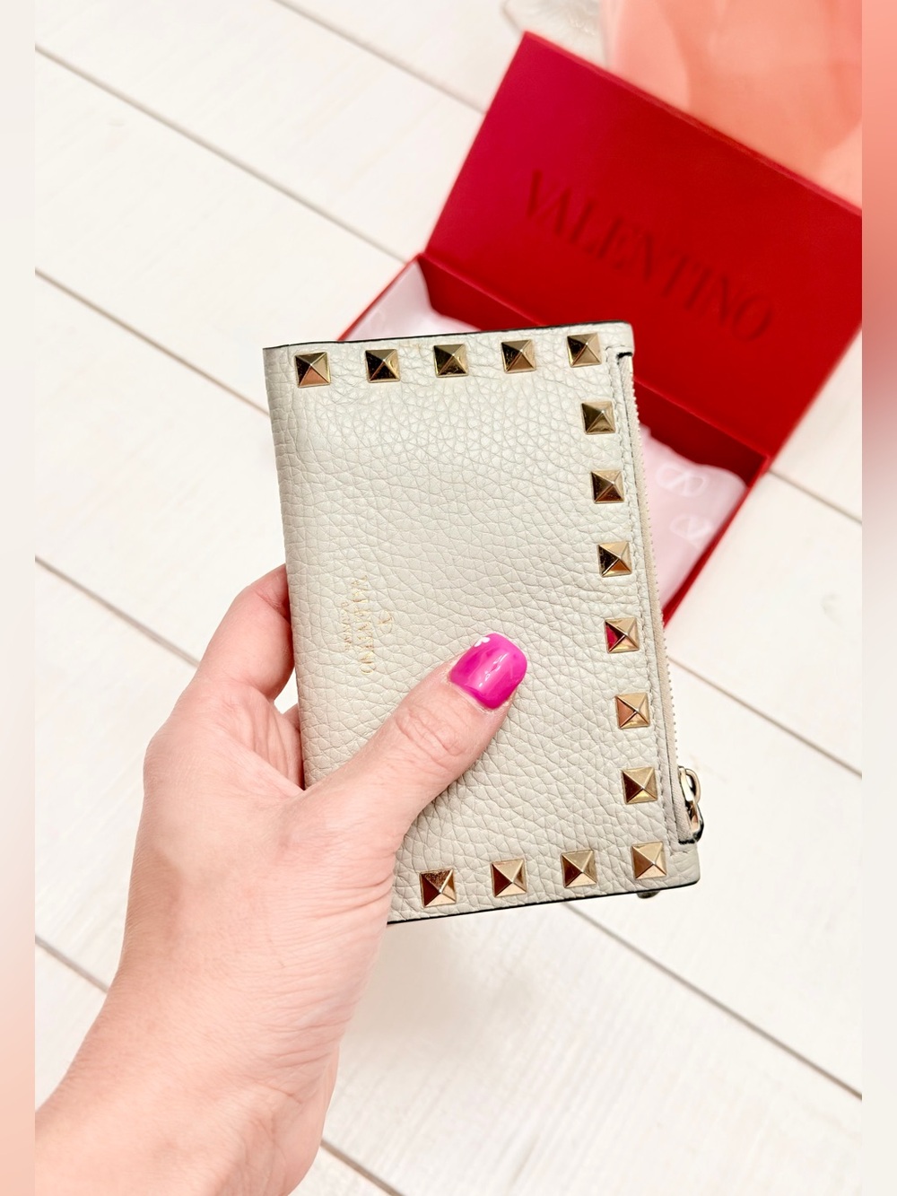 Valentino Garavani Gray Leather Rockstud Card Wallet